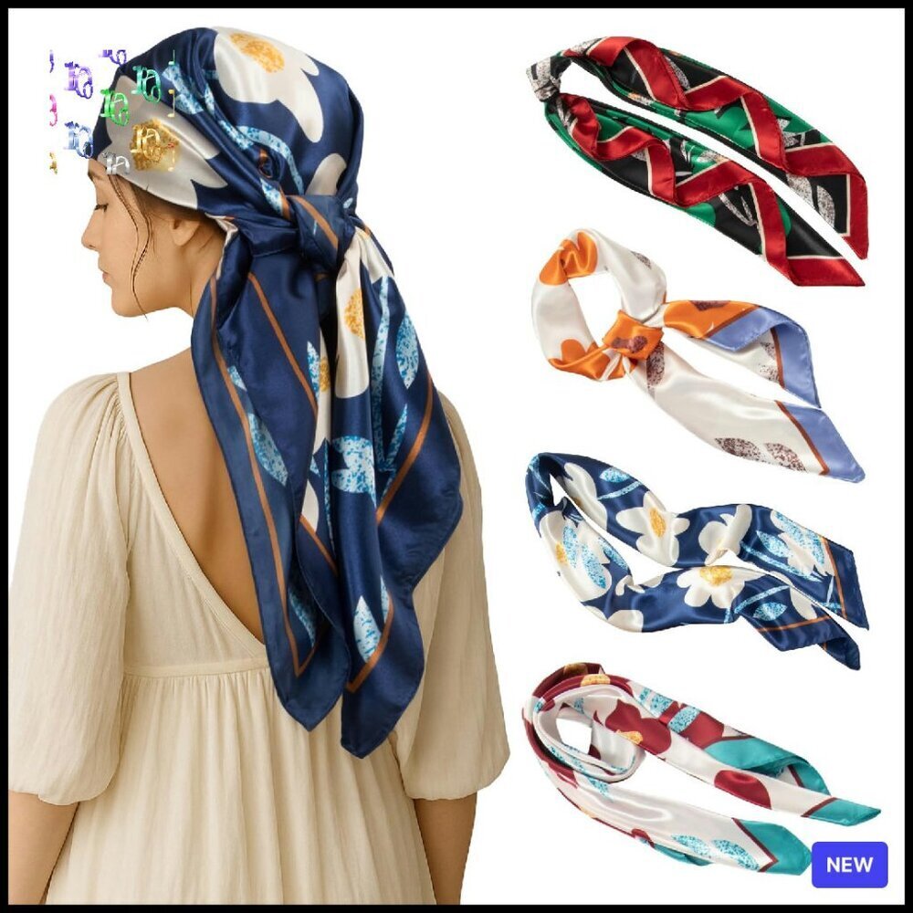Silk-Like Square Scarves Set of 4 Elegant Boho Chic Head Wrap Accessories